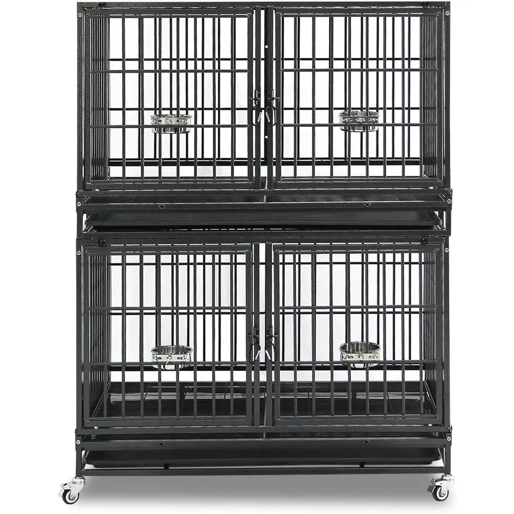 

Stackable 43 Heavy-Duty Dog Crate with Detachable Divider, Removable Tray, Wheels, Feeding Bowls (2-Tier)