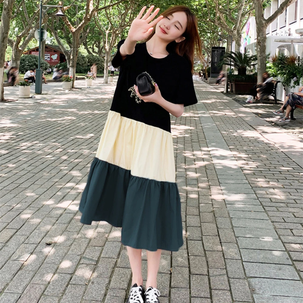 2026 Summer Maternity Contrast Color Dress Pregnant Women Beach Wear Vestidos Loose Pregnancy Clothes Patchwork