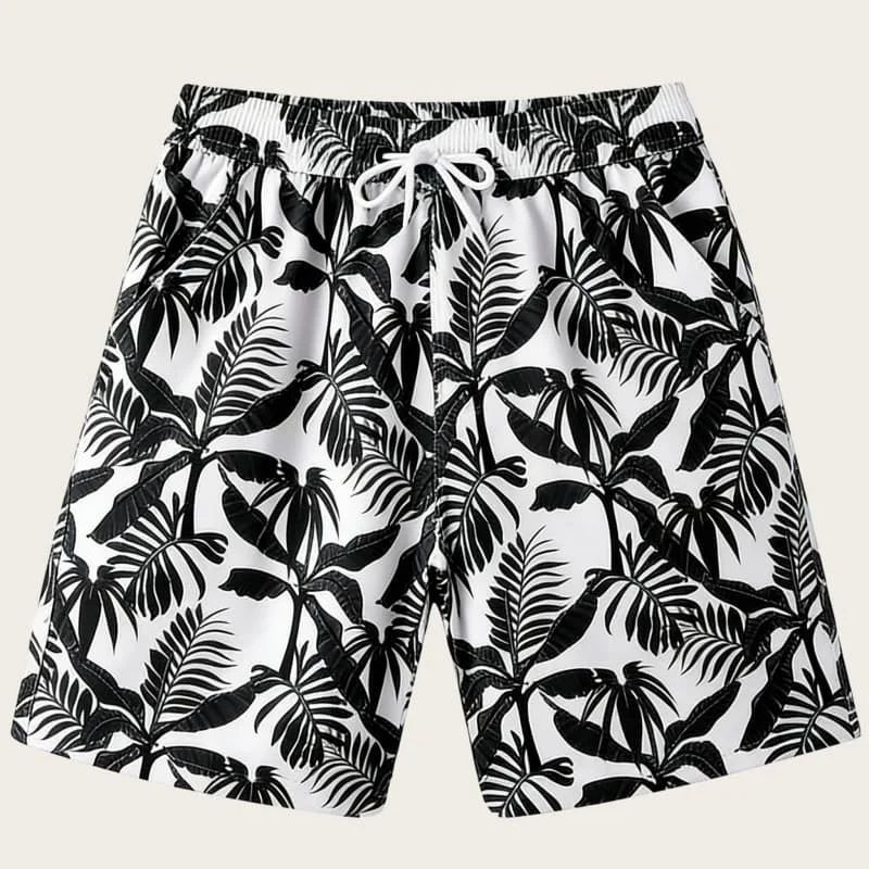 Shorts de Playa con Estampado Botánico de Hojas de Palma, Trajes de Baño Casuales con Cordón para Hombre, Diseñados para Looks Casuales y de Playa