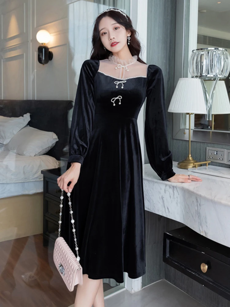 

Retro Sweet Black Velvet Dresses Women Cute Pearl Bow Sheer Mesh Splice Long Robe Female Date Party Mujer Vestido Street Clothes