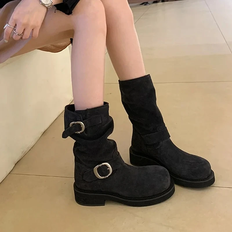 Bottines rétro en caoutchouc pour femmes, avec boucle en métal, tête ronde, polissage, Locomotive, automne 2026