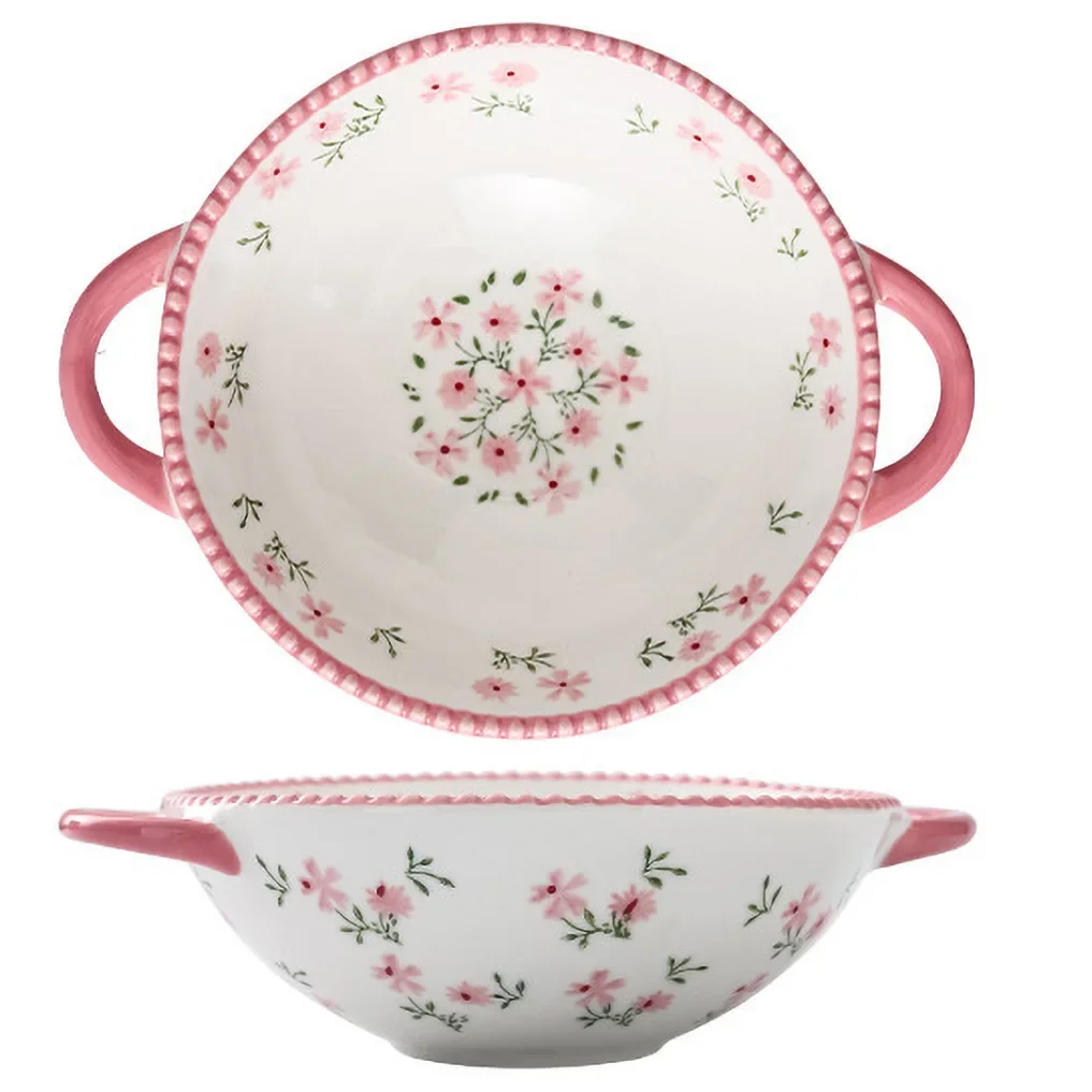 New Pretty Cute and Playful Style High Temperature Firing Manual Ceramic Rice Bowl Set Tableware Underglaze Colour Salad Ramen