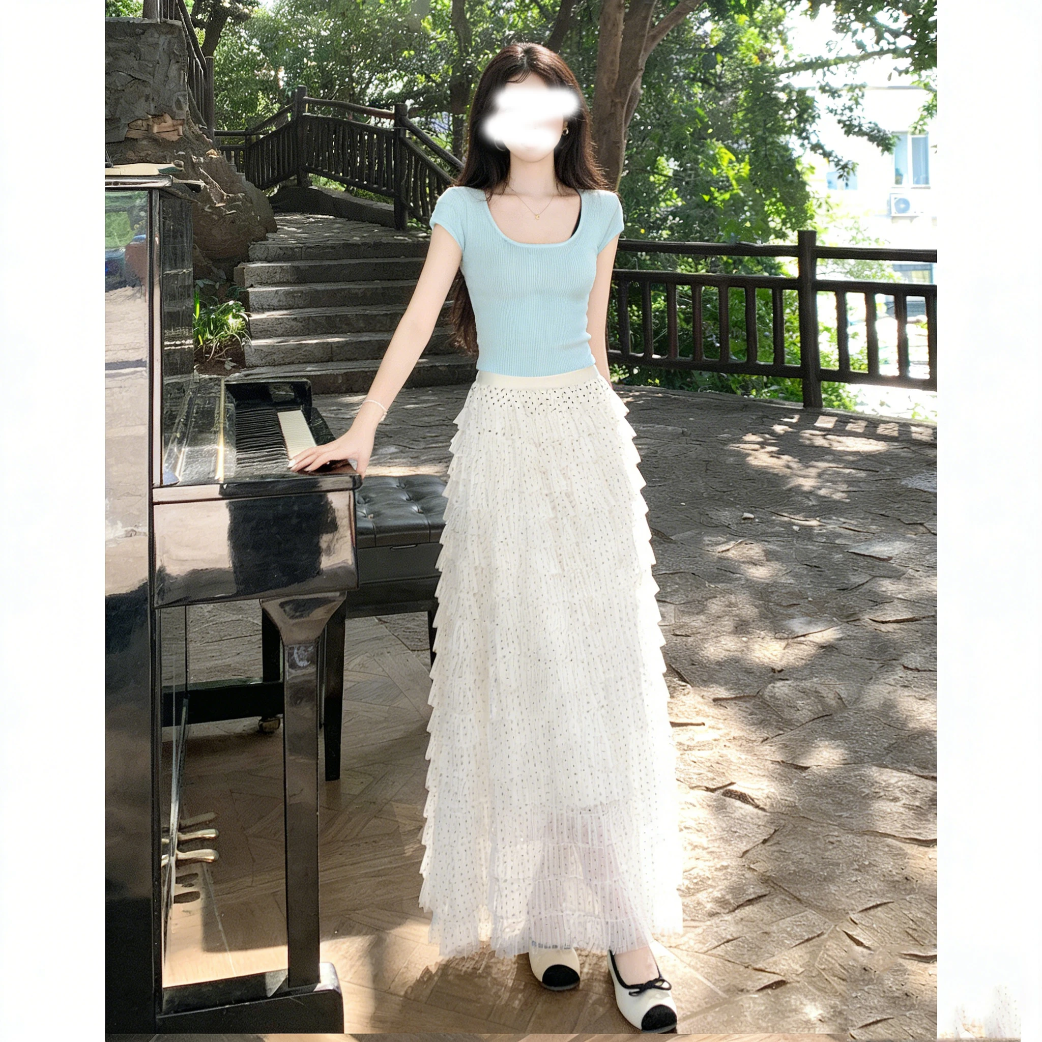 

Summer High Waist Lace Polka Dot Net Cake Half Skirt Women's Casual Loose A-Line Tulle Skirt Long Skirt Korean Style