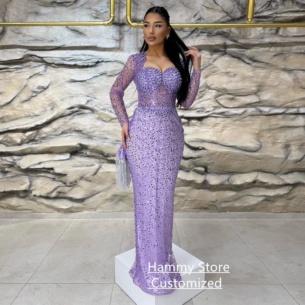Sparkling Pearls Evening Dress Customized Long Sleeves Sweetheart See Through Floor Length Robe De Soiree Prom Gown Pageant image 5