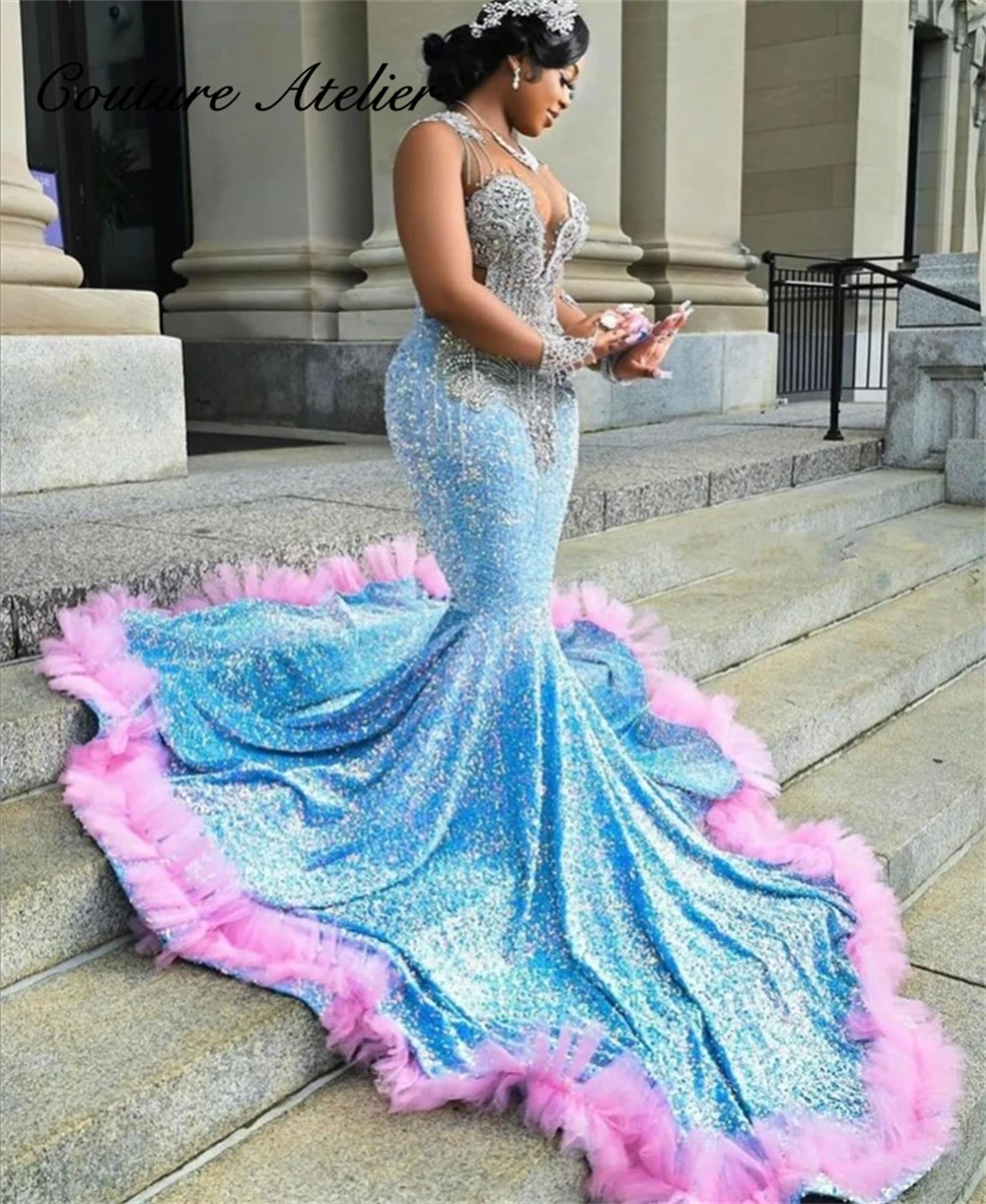 Pink Tulle Ruched Train Blue Sequin Mermiad Prom Dresses Crystal Sparkly Dress Evening Dresses Long Luxury 2024 Party Gown