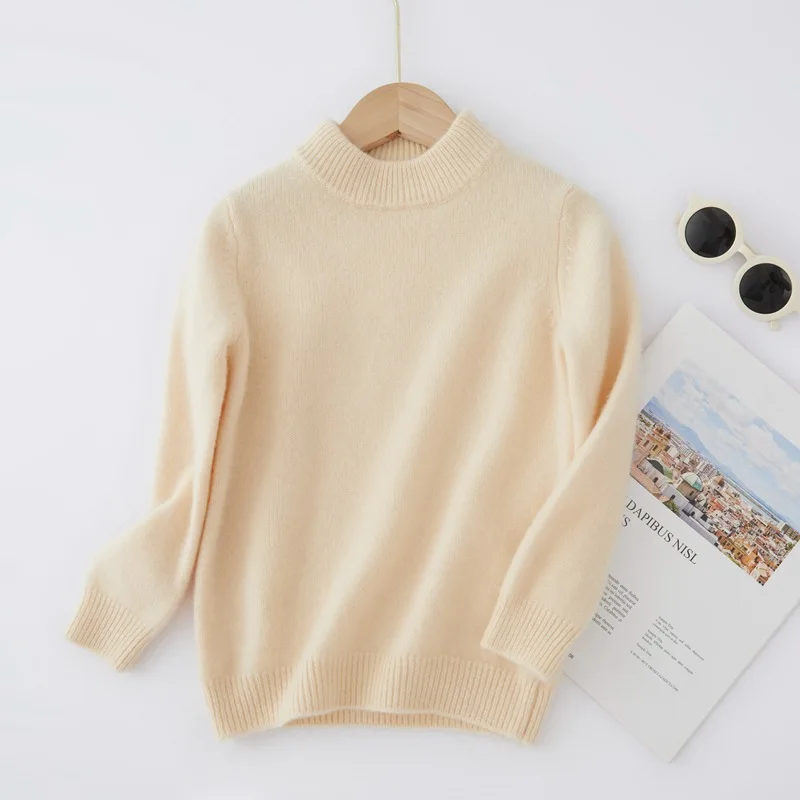 

Childrens solid color 100% wool sweater Half height round neck medium to large children thickened base wool sweater Warm Sweater