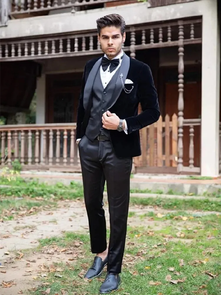 Schwarz herren Anzüge Tailor-Made 3 Stück Samt Blazer Weste Hosen Satin Sheer Revers Smoking Slim Moderne Hochzeit plus Größe Zugeschnitten