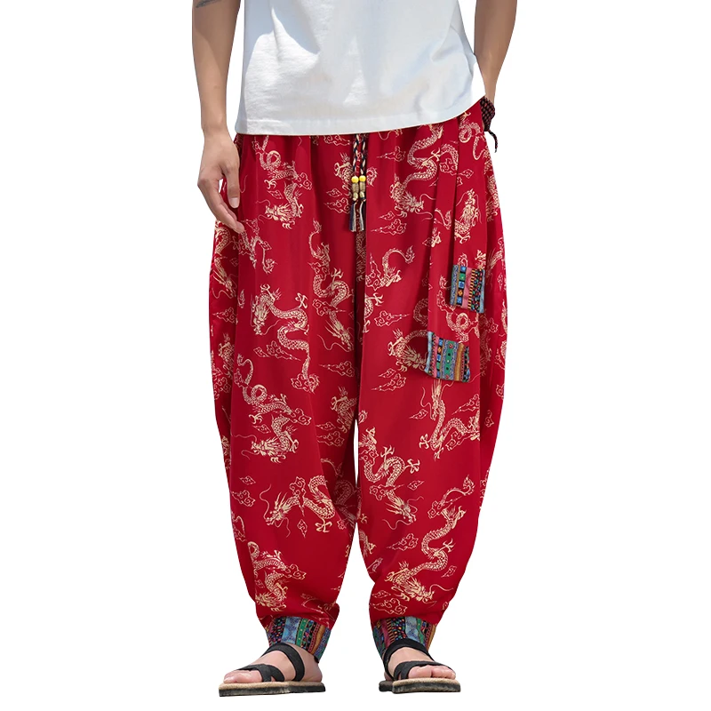 M-5XL Plus Size Men's Chinese Traditional Dragon Pattern Baggy Harem Pants Elastic Waist Loose Fit Trousers Summer Streetwear