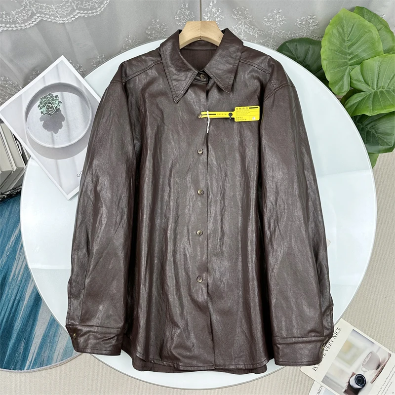 

Retro Style PU Leather Shirt Jacket Women's Single Button Classic Collar New Autumn Fashion Ladies' Premium Quality Leather Coat