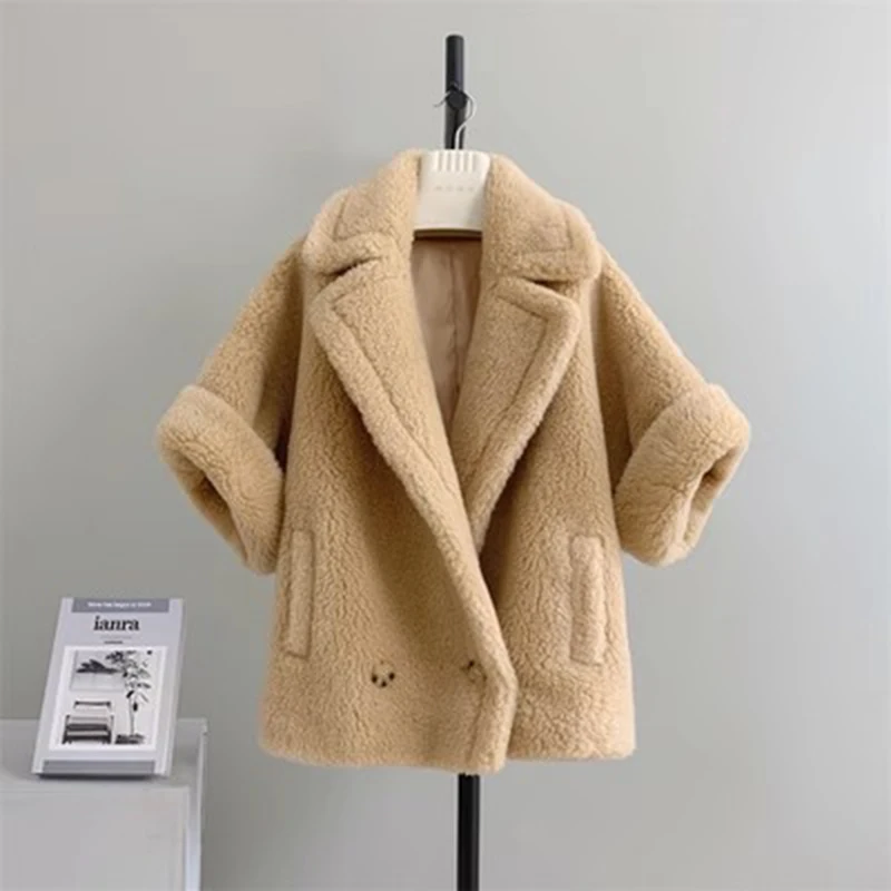 Winter Teddy Bear Coat Women Alpaca Wool Cloak Loose Thick Warm Real Fur Outerwear Max camel Teddy Cape Camel Fur Coat  TD5846