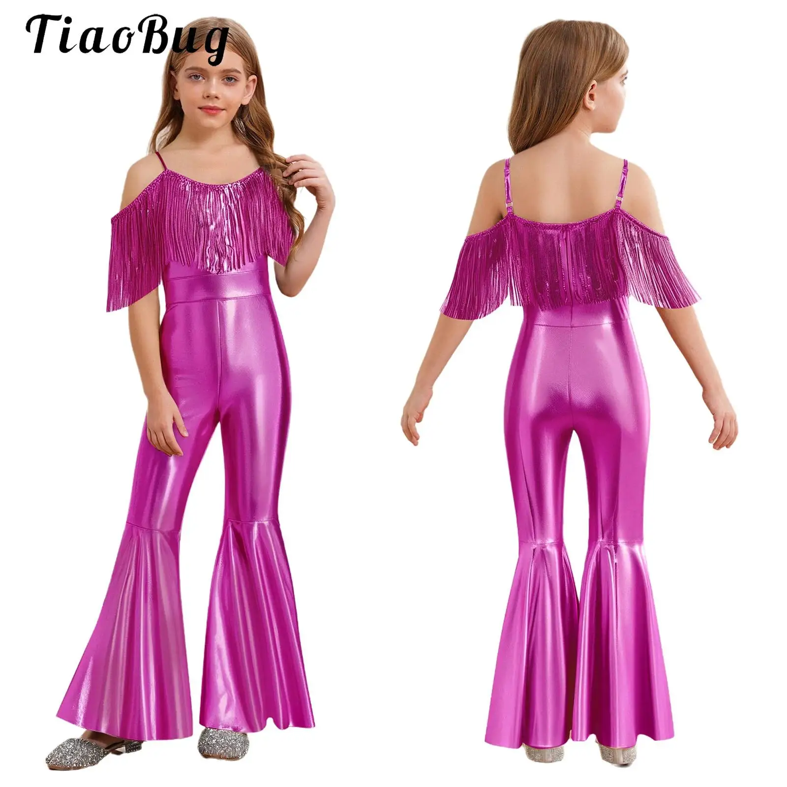 

Kid Girls Sleeveless Sequins Tassels Disco 70's Costume Halloween Hippie Fancy Dress Up Shiny Stage Performance Dancing Jumpsuit