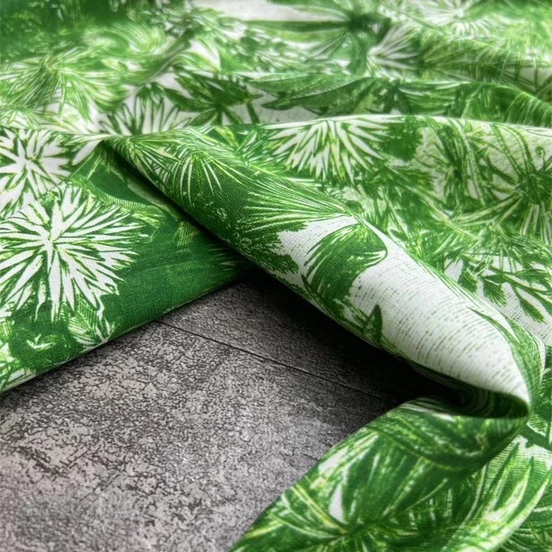 Summer Comfortable Cool Breathable Green Coconut Tree Crepe De Chine Silk Fabric Fashion Temperament Dress Half Skirt Design Div