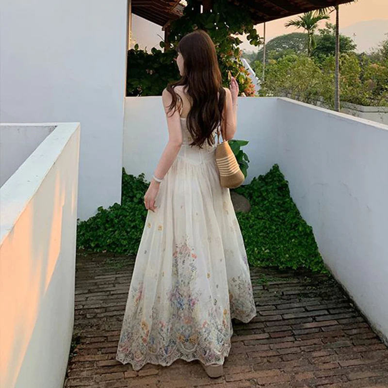 Abito con cinturino per spaghetti con stampa dolce Donna Moda coreana Vacanza Abito floreale senza maniche Estate Harajuku Dolce Camis Abiti lunghi