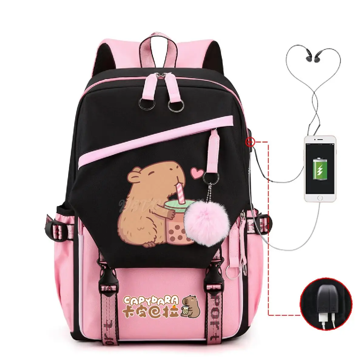 

Cute Capybara Lovers Bubble Tea Backpack Women Girls USB Charging Bag Large Capacity Laptop Capybara Backpack Women Travel Bags