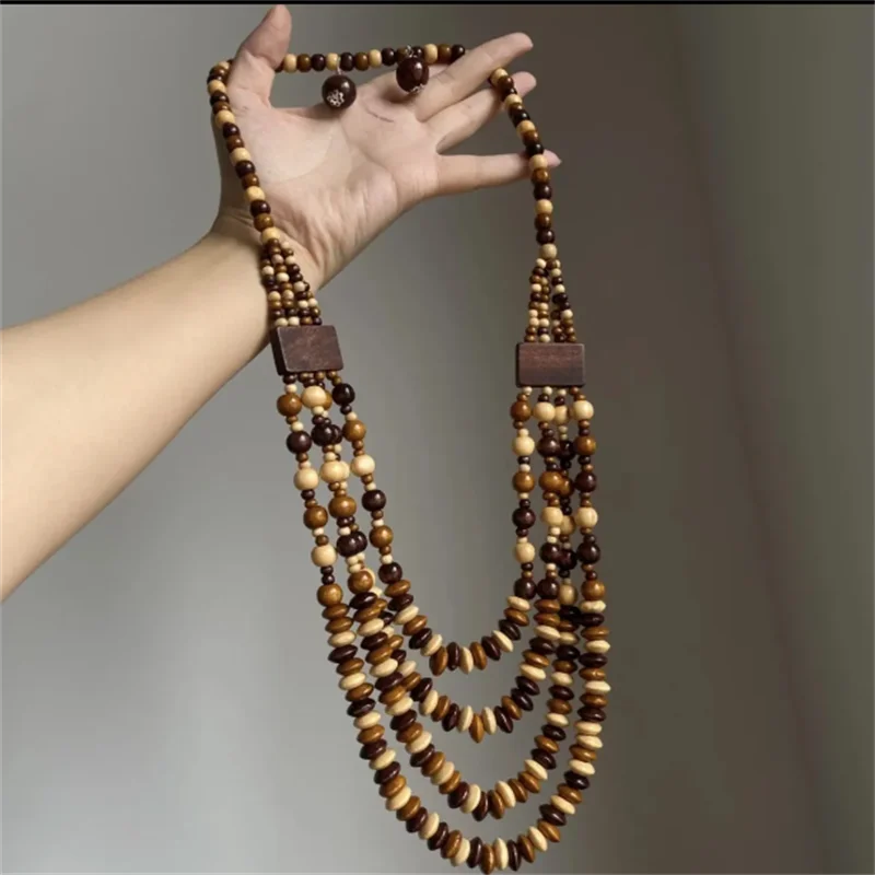 Vintage Wooden Necklace Ethnic Style Handmade Necklace Performance Accessories Chain Set Fashion Female Long Necklace
