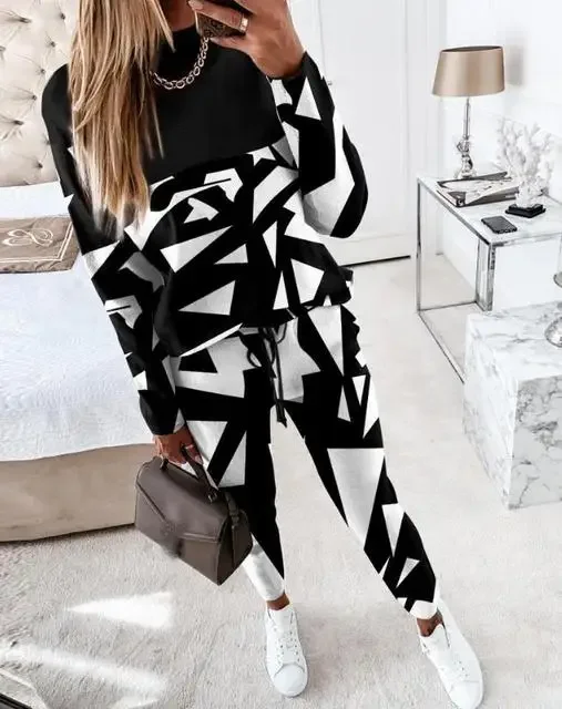 Womens Two Piece Sets Outifits Casual Geometric Print Long Sleeve O-neck Top Pullover & Fashion Drawstring Pants Set Streetwear