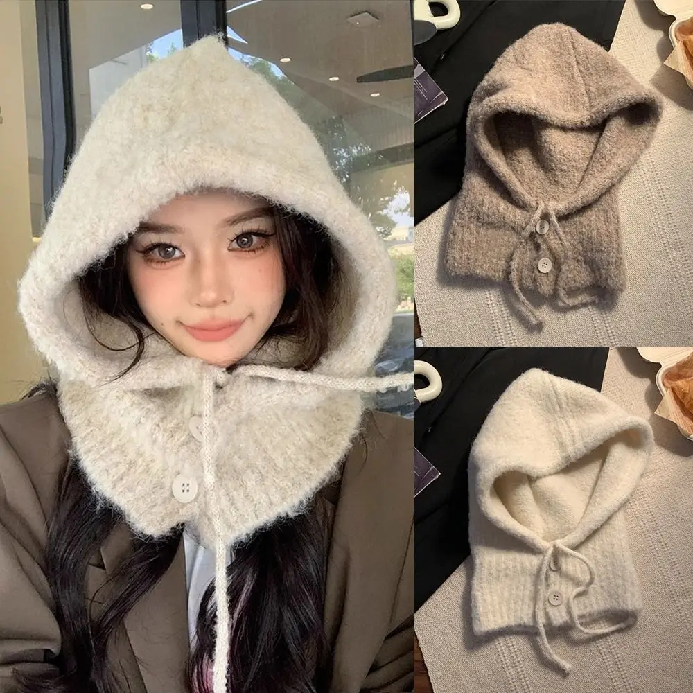 

Fashion Warmer Women Winter Balaclava Solid color Hat and Scarf Integrated Windproof Cap Plush Knitted Pullover Hat Outdoor