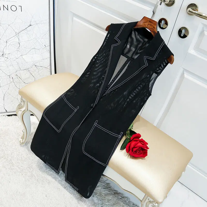 

Chiffon Vests Women Holiday Street Solid Black Sweet Thin Summer All-match Fairy Outerwear Sexy Long Draped Open Stitch Vintage