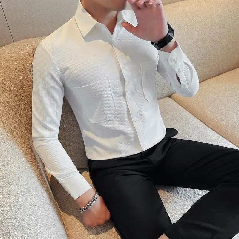 Korean Version Large Pocket Shirt for Men Autumn Winter Long Sleeve Casual Business Dress Shirts Office Social Top Men Clothing