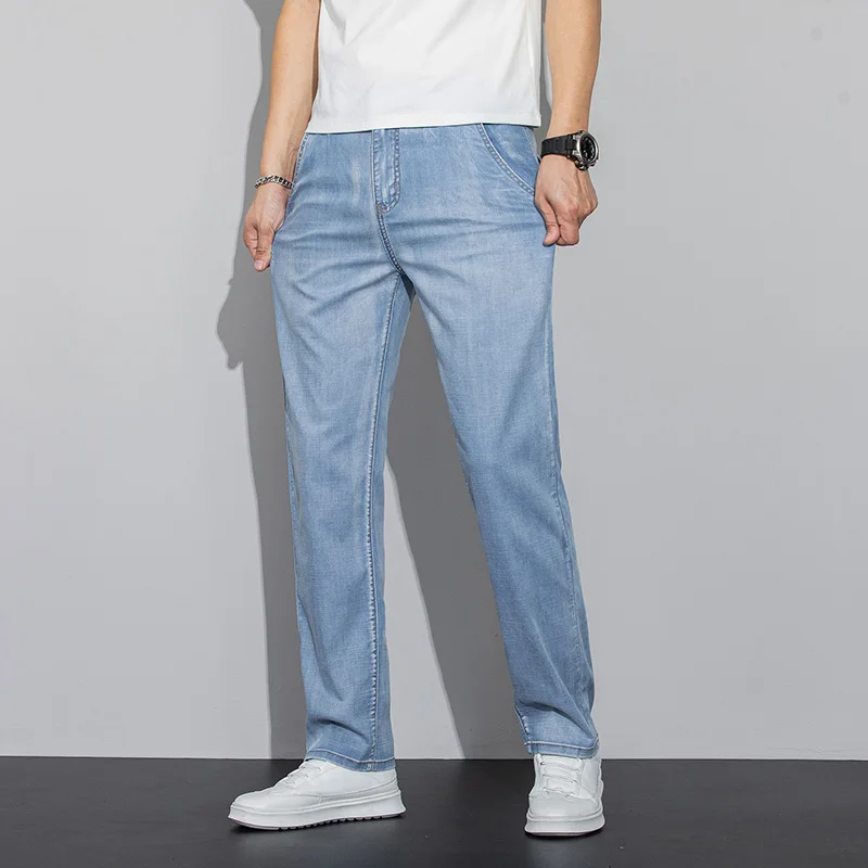 Lyocell tessuto estate Jeans da uomo ultrasottili morbido drappo sciolto dritto marchio Casual Denim pantaloni Street gamba larga pantaloni