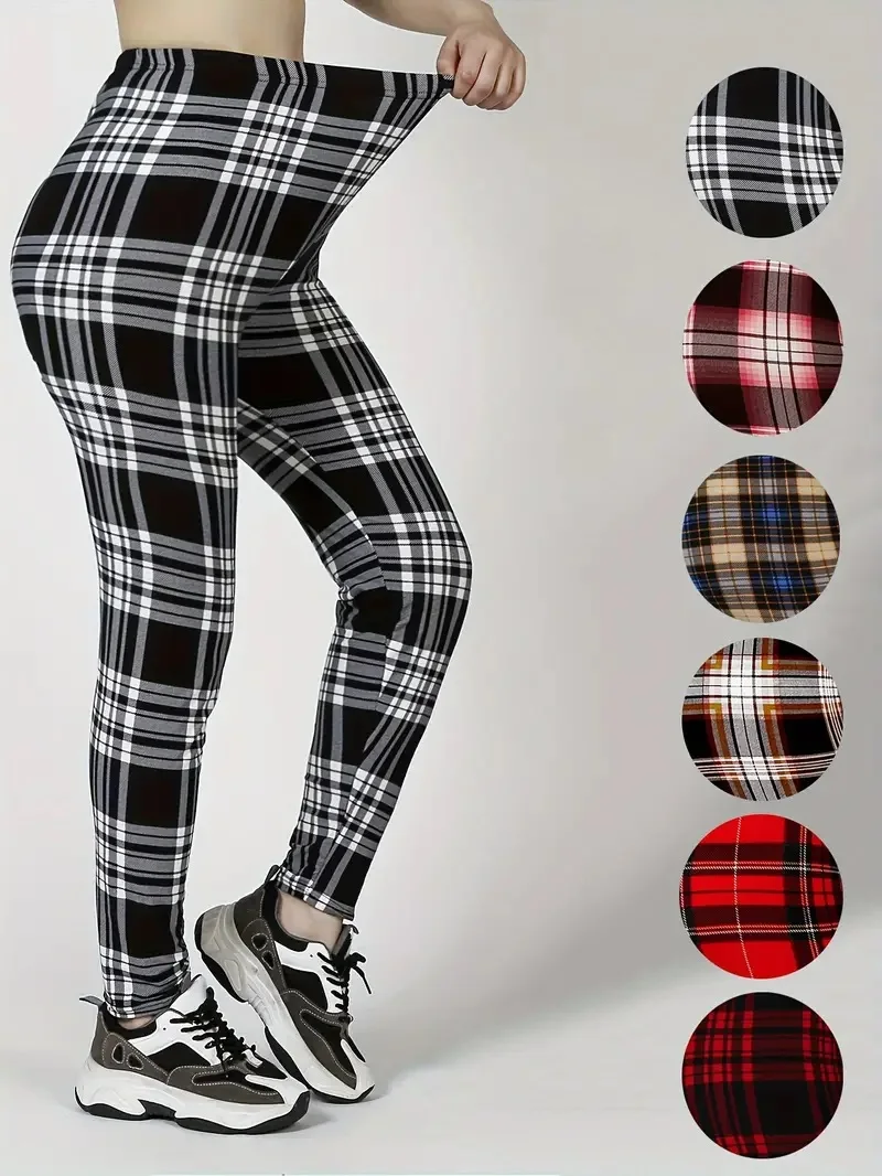 1pc WomenS Plus Size High Waist Plaid Print Stretchy Leggings Polyester Knit Fabric All-Season Casual Athletic Yoga Pants