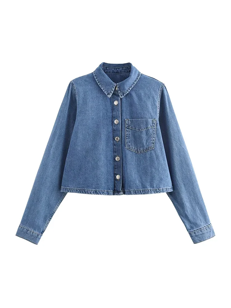 Willshela Women Fashion With Pocket Denim Solid Single Breasted Blouse Vintage Lapel Neck Long Sleeves Female Chic Lady Shirts
