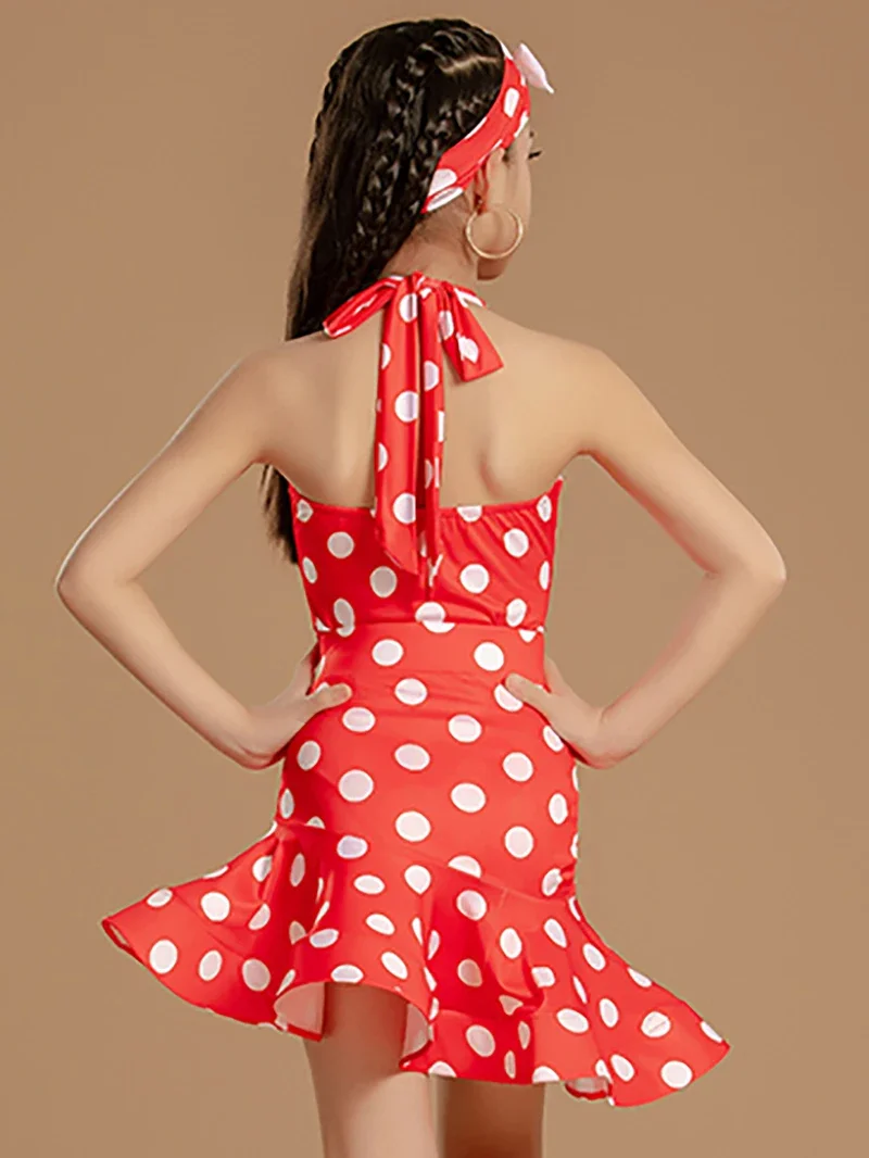 Latin Dance Dress Girls Kids Summer New Wave Point Halter Backless Competition Dancewear Retro Training Performance Costume