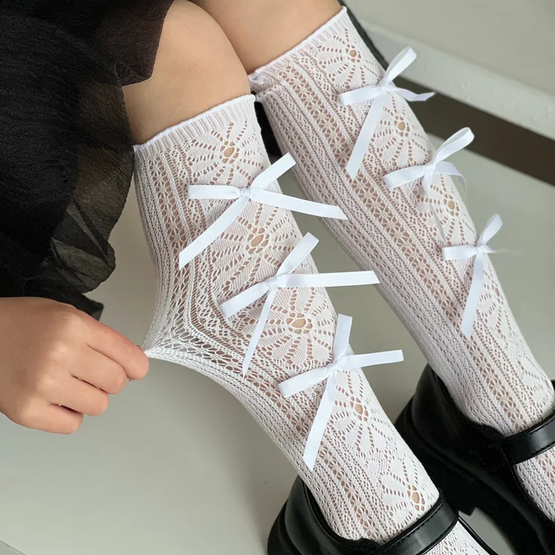 Creamy Lace Dream Baby Girl's Lolita Mesh Socks Lace Edged 3 Bow Calf Socks Children's Daisy Lace Hollow Hook Flower Hosiery
