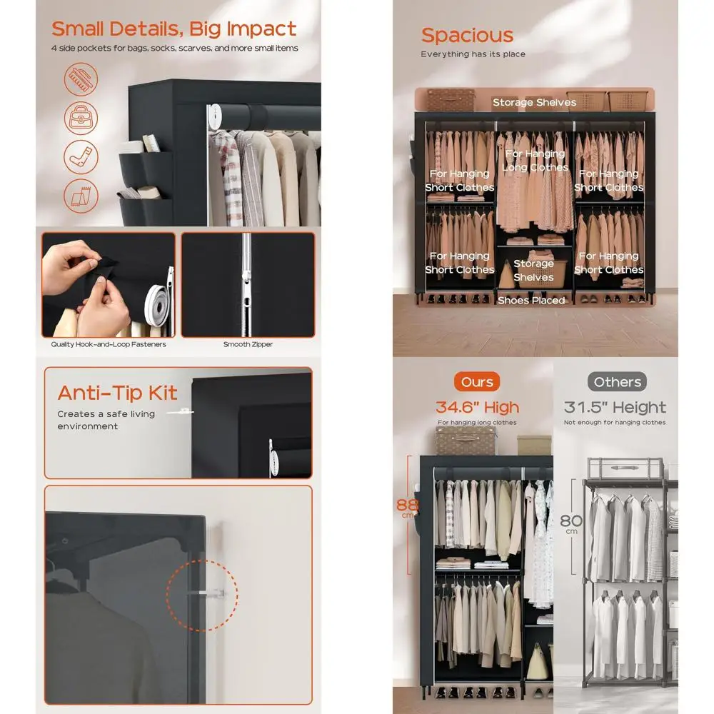 

Extra Large 81.5 Portable Wardrobe Closet with Cover, 5 Rods, Shelves, Easy Assembly, Black