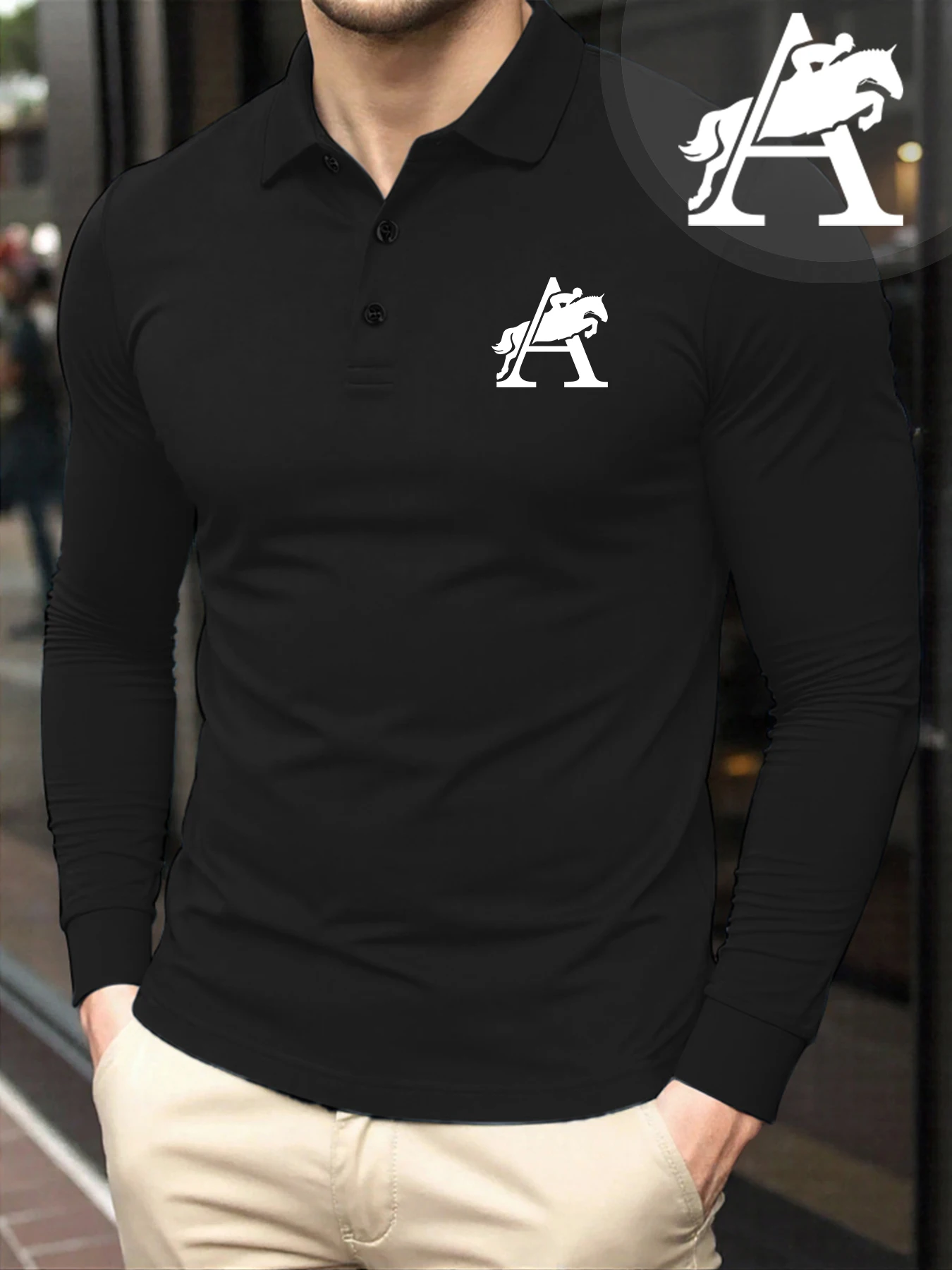 

Letter A With Jumping Horse Desgin Print Mens Polo Shirt Casual Golf Shirts Trendy Comfy Long Sleeve All-Match Autumn Streetwear