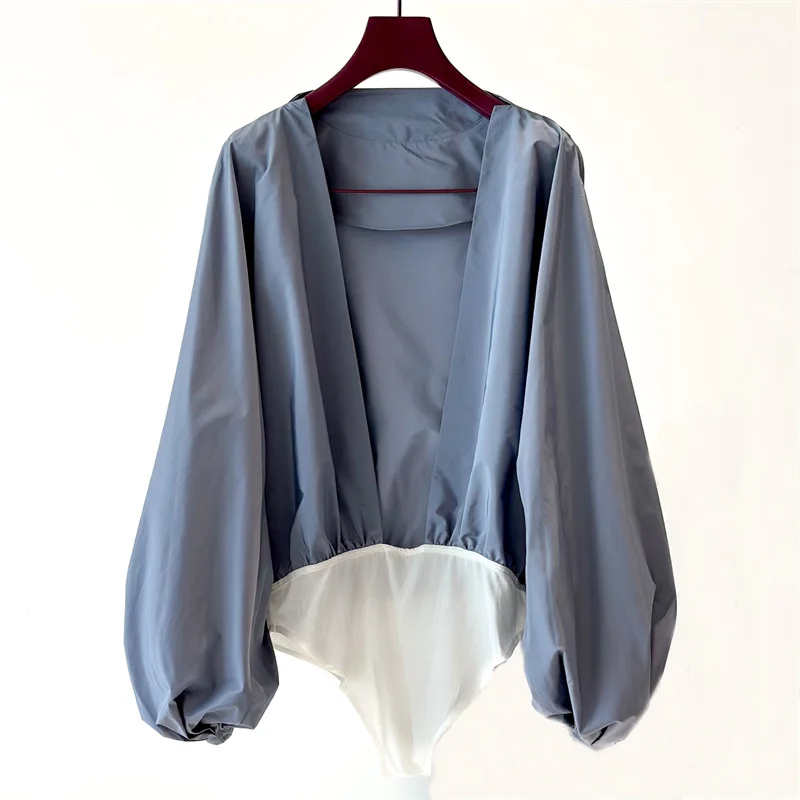 

Bodysuit women New color blocking spliced long sleeved top for autumn 2025 Sexy backless lantern sleeves pullover y2k Top women