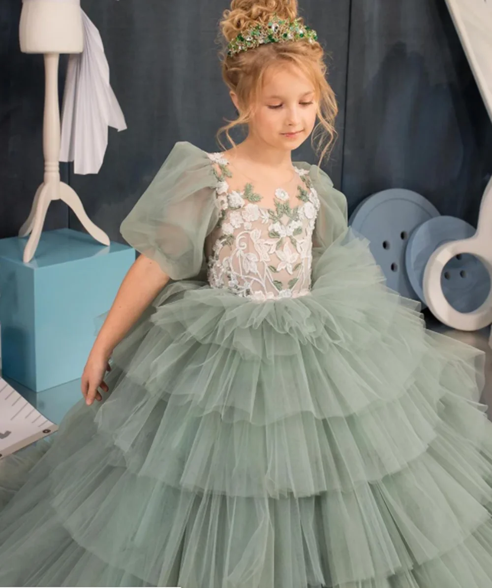 Vestido de flores verdes hinchadas para niña, vestido de princesa para primera comunión, manga de casquillo, vestido de fiesta de boda