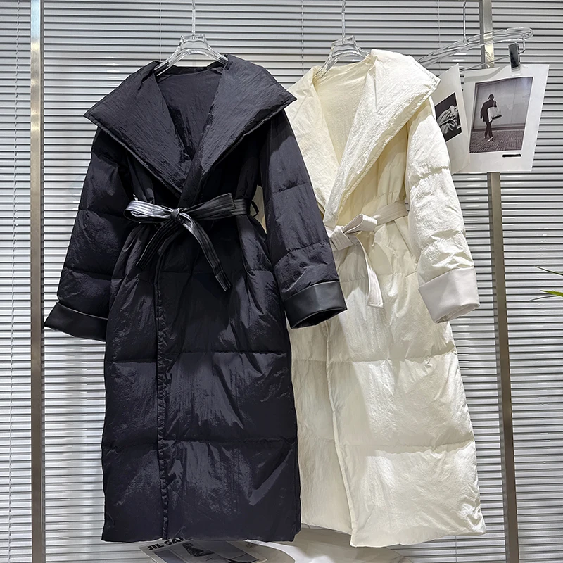 2025 شتاء جديد النمط الفرنسي كبير التلبيب طوق الدانتيل متابعة الخصر تصميم طويل نمط أسفل سترة المرأة مزاجه معطف دافئ