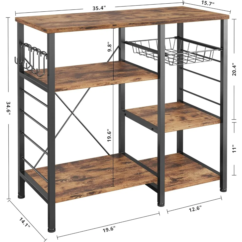 جزيرة المطبخ الصناعية العتيقة مع أرفف تخزين وحامل ميكروويف و6 خطافات - سهلة التجميع، إطار معدني متين #3