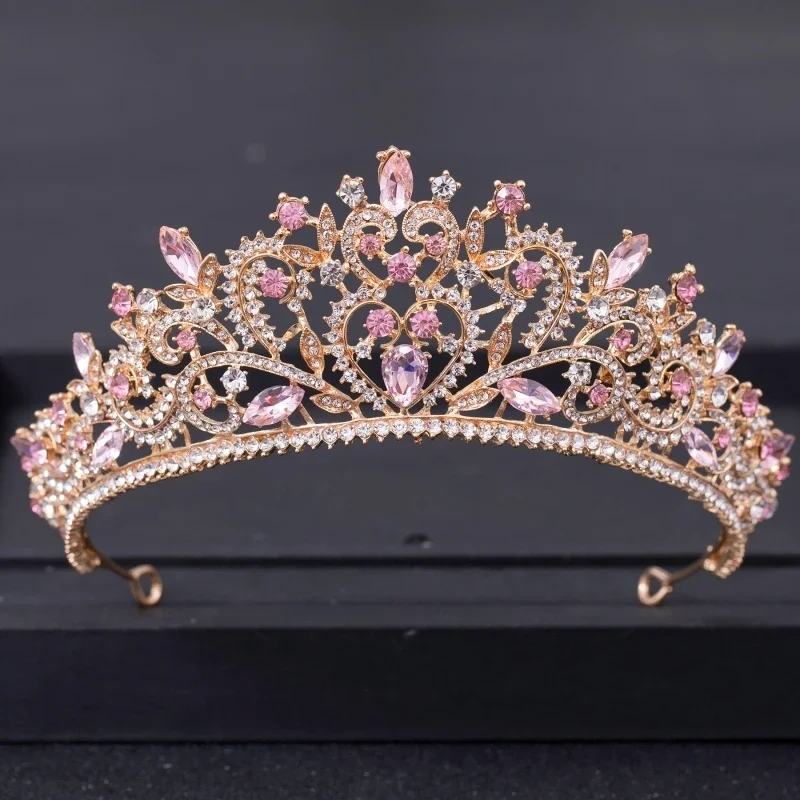 Pink Crystal Tiaras And Crowns For Women Bride Pink Rhinestone Prom Diadem Crown Tiara Bridal Wedding Hair Accessories Jewelry image 2