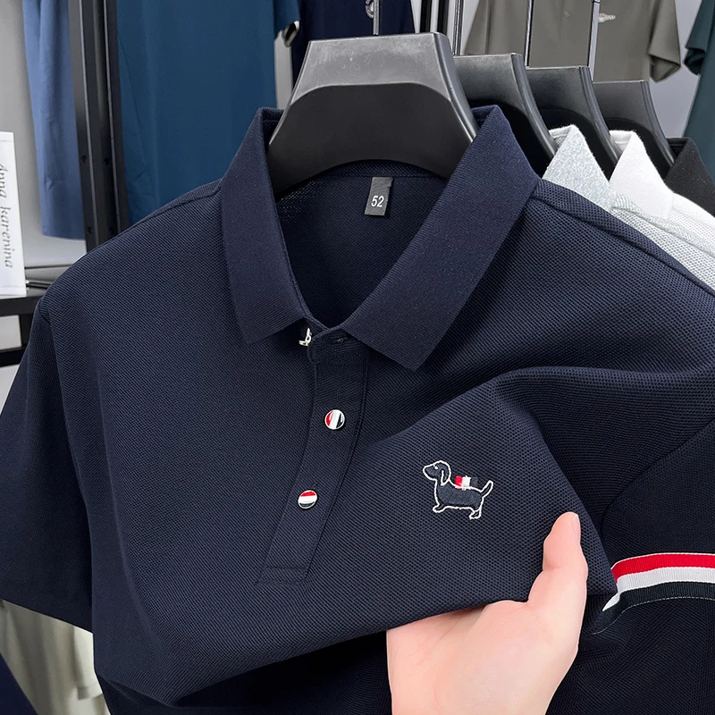 

High end brand dog embroidery polo shirt short sleeve summer fashion colorful stripe decoration cuff comfort trend men's T-shirt