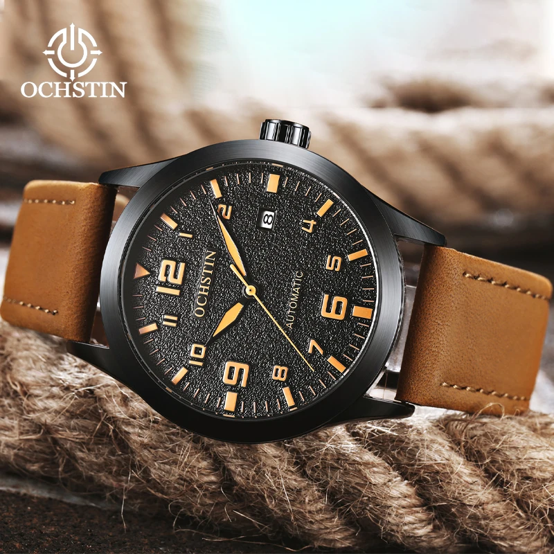 

OCHSTIN мужские наручные часы с кожаным ремешком, мужские автоматические часы с механическим механизмом, повседневные водонепроницаемые классические роскошные часы