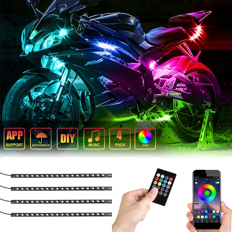 APP LED Motorcycle Car Atmosphere Foot Light Remote Control Flexible Waterproof Sound Control 12V RGB Moto Decorative Lamp Strip