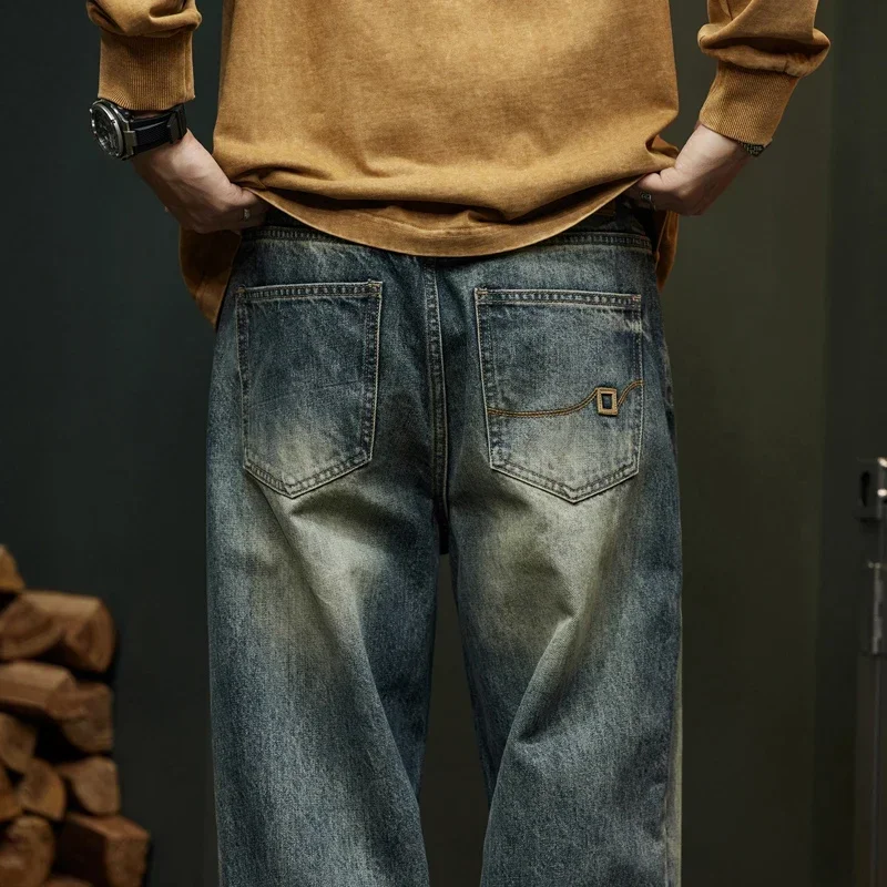 Workowate dżinsy męskie spodnie z szerokimi nogawkami Casual Oversize Jeans luźny krój odzież męska w stylu Vintage męskie spodnie jeansowe 2024