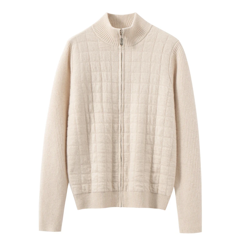 New Women 100% Percent Cashmere Cardigan Luxury High Collar Double Zipper Waffle Knit Sweater Fashion Elegant women's clothing..