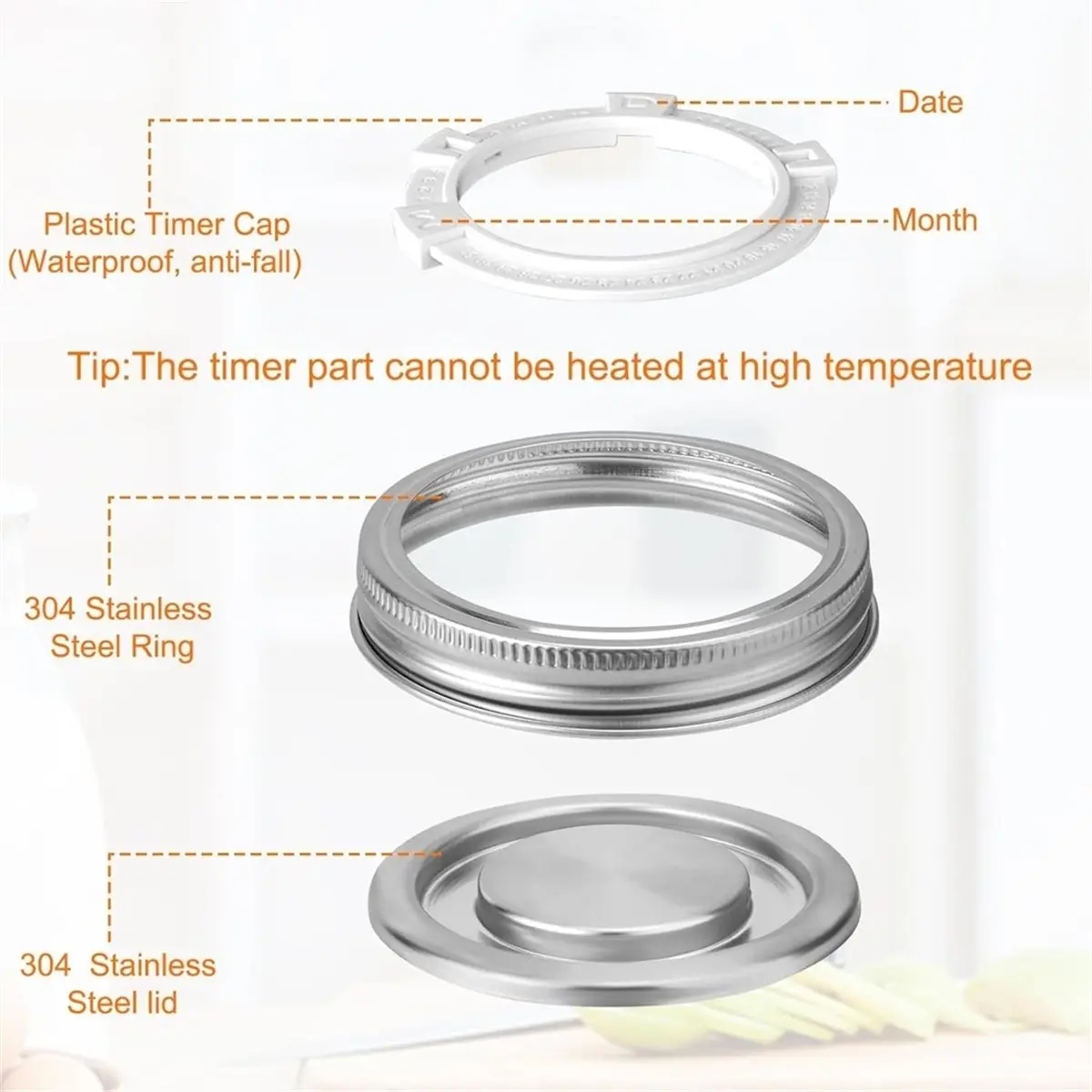 A1320K Wide Mouth Jar Lids Stainless Steel with Rings, 2PCS Reusable Timer Cap Metal Canning Lids Leak Proof SUMMER
