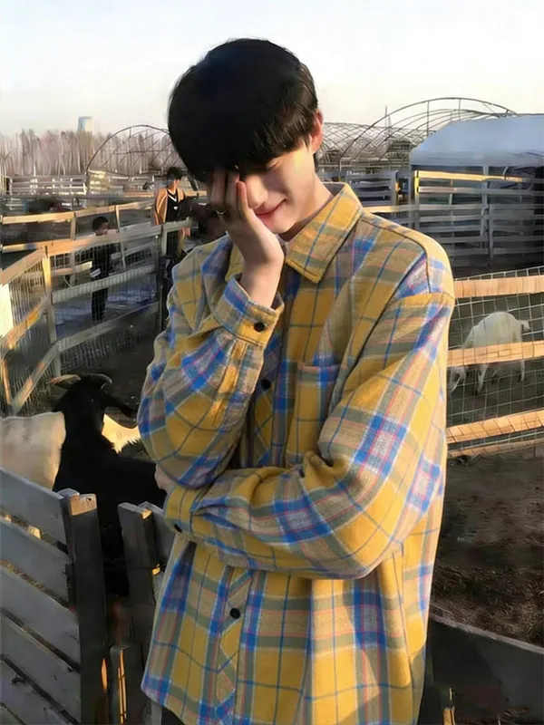 

Cleanfit Yellow Plaid Long Sve irt Men's Spring Lazy Sle Open Cardigan Outerwear Loose Fit Contrast Color Ci Walk