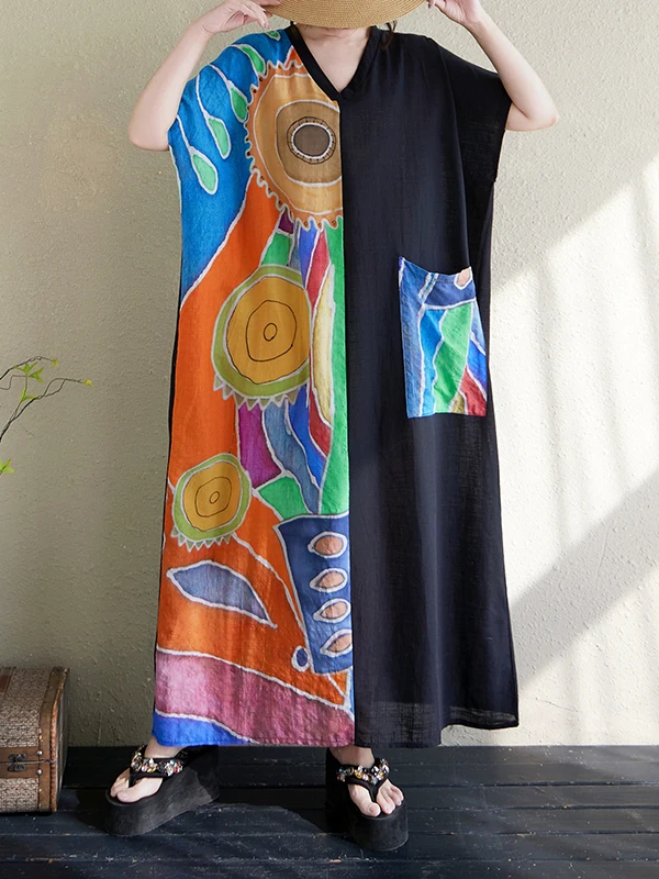 Plus Size Cotone Lino V-Ne Summer Dr Dimagrante ort Sve Ultra Long Sle Donna Faion Retro Stampa Vita alta Dr