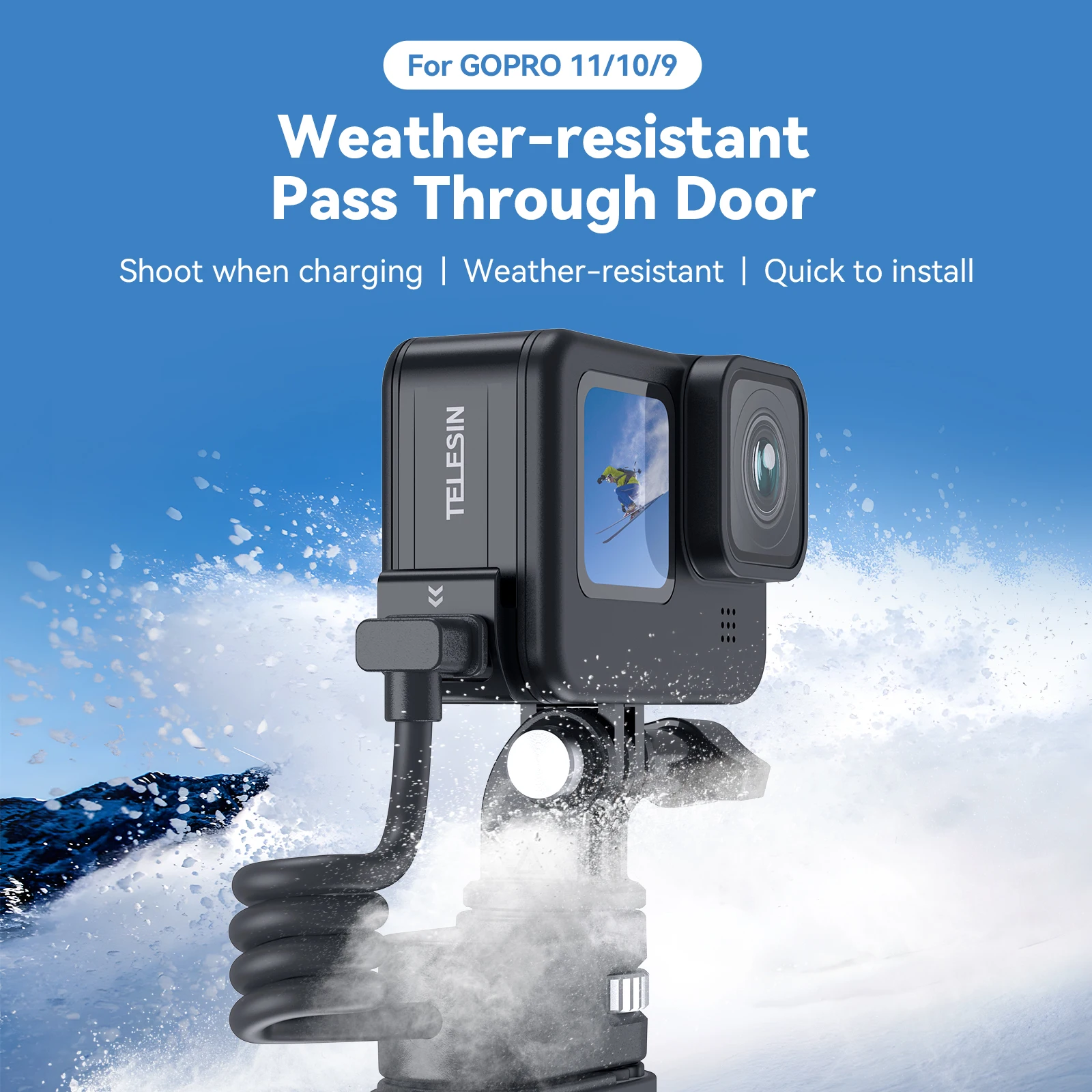 TELESIN Wodoodporna boczna osłona do GoPro Hero 12 11 10 9 Łatwa w demontażu osłona portu ładowania Type-C do Go Pro 9 10 11 12 Bateria