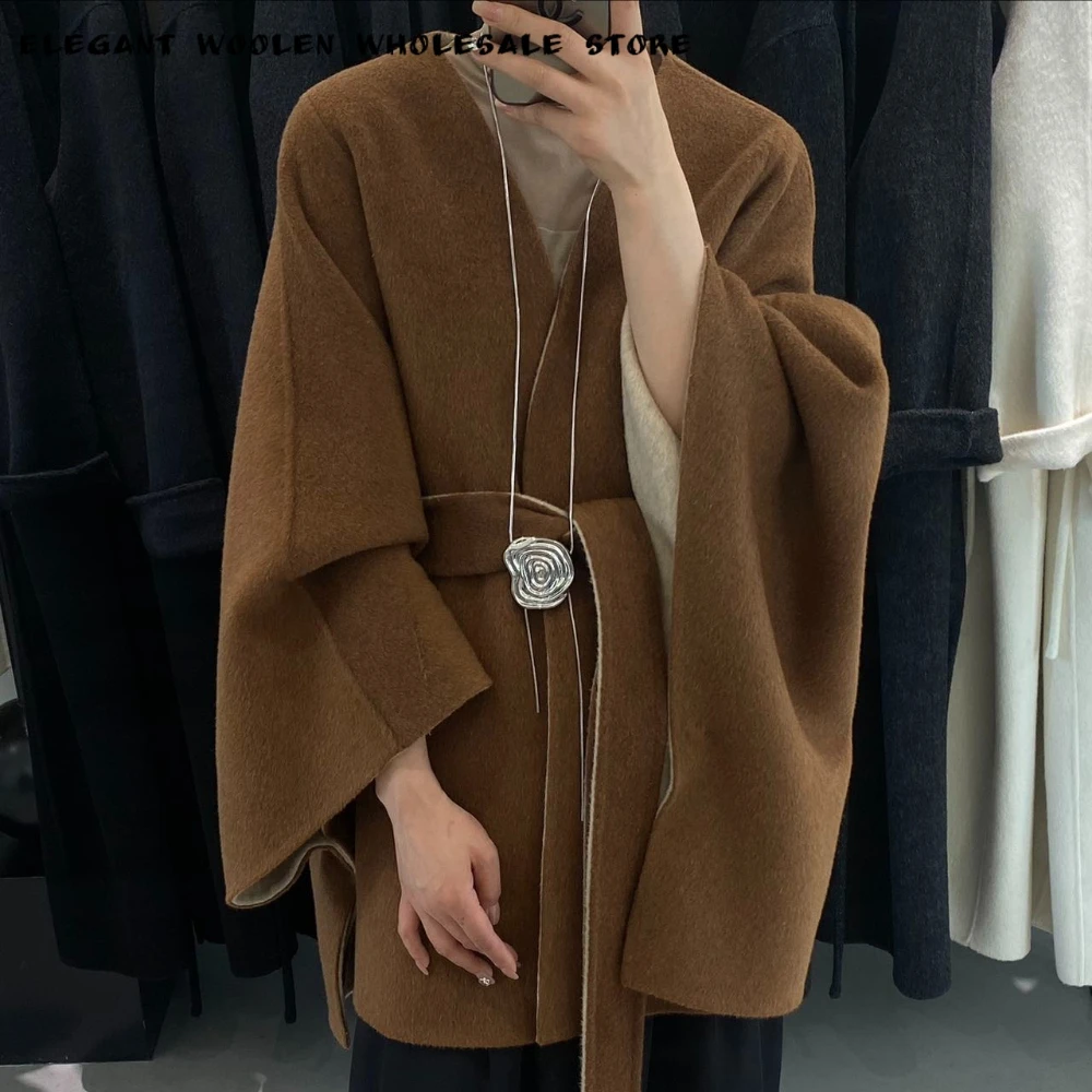 Women's Elegant Short Wool Coat Oversized Jacket with Double Face Cape Style Belted Thick Warm Winter Classy Chic for Daily Wear
