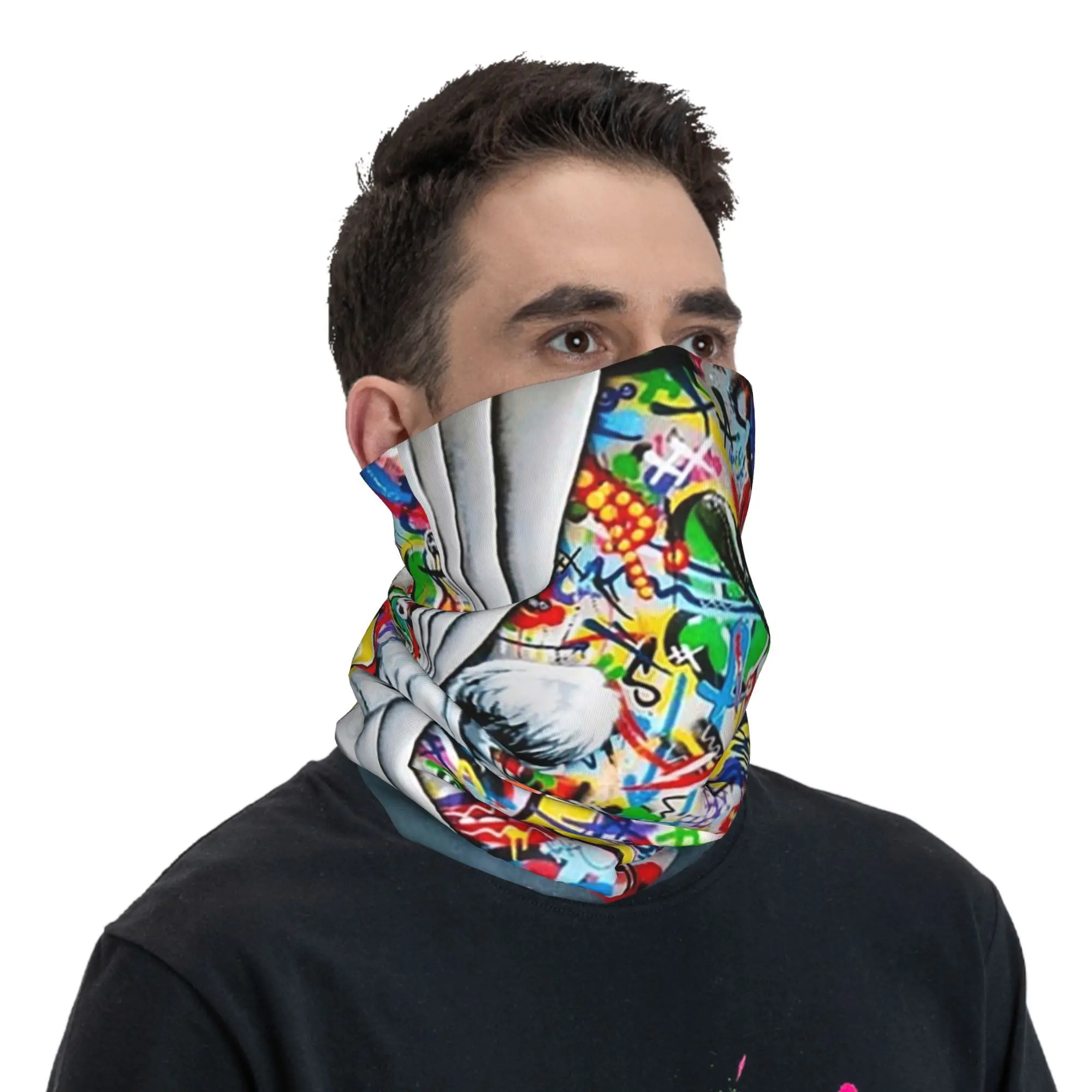 커튼 뒤의 소년 - Banksy Street Art Mural Bandana 넥 커버 프린트 매직 스카프 다용도 발라클라바 하이킹 낚시