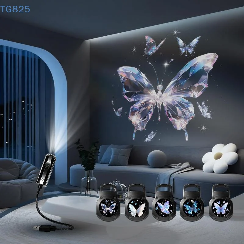 【AN】【AN】LED USB Butterfly Projector Light With 5pcs Projection Patterns Ceiling Decorative Atmosphere Night Light
