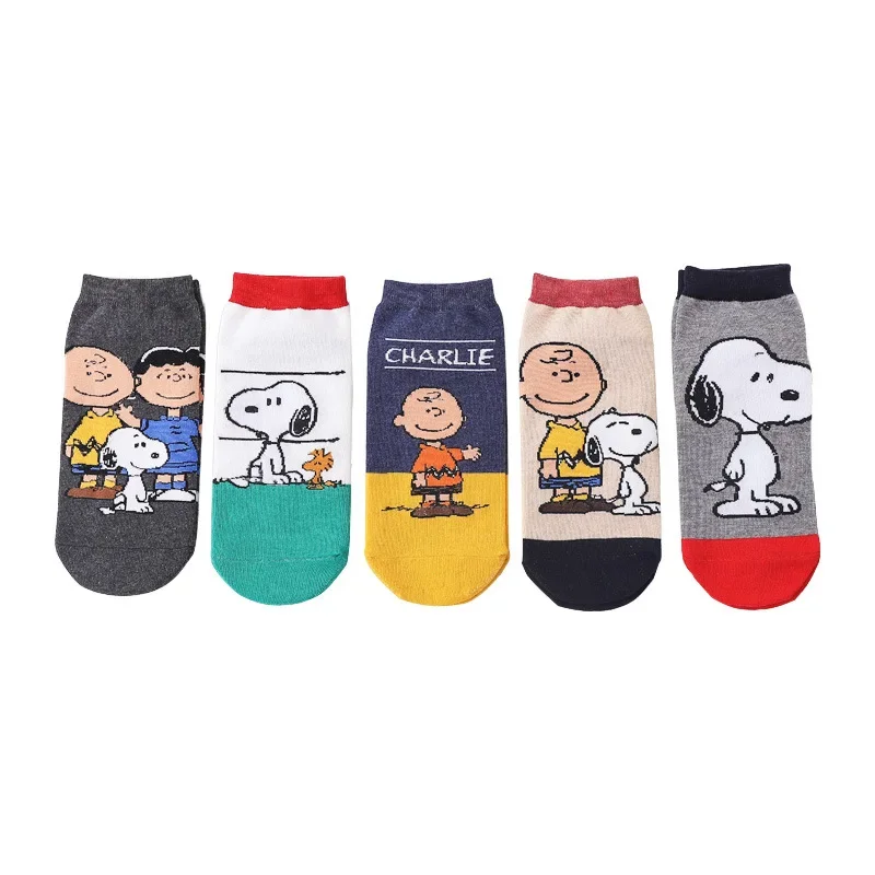 5PCS Snoopy Regular Four Seasons Universal Cartoon Men Cotton Socks Sweat-Absorbent Non-Slip Spring Women Sock Funny Boat Socks