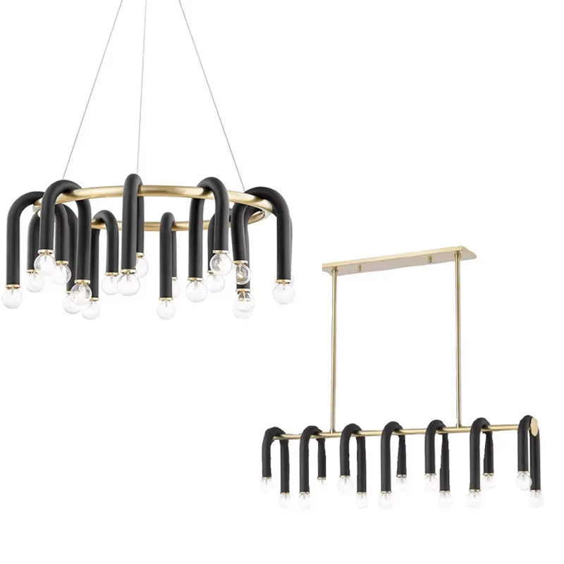 

Postmodern Long rod shape Circular ring U tube body ball LED chandelier Ceiling adjustable lustre Dining room bar counter Café
