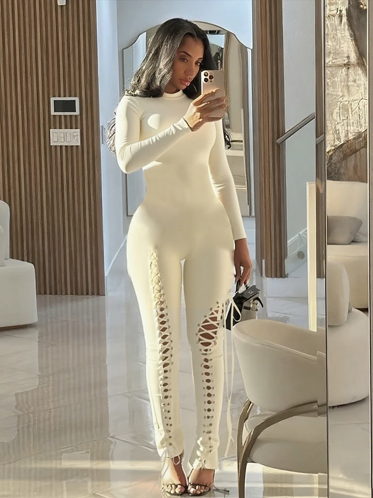 Sisterlinda Sexy Fashion Jumpsuits Woman O-Neck Full Sleeve Shirring Hollow Skinny Peach Hip Hot Girls Midnight Party Clubwear